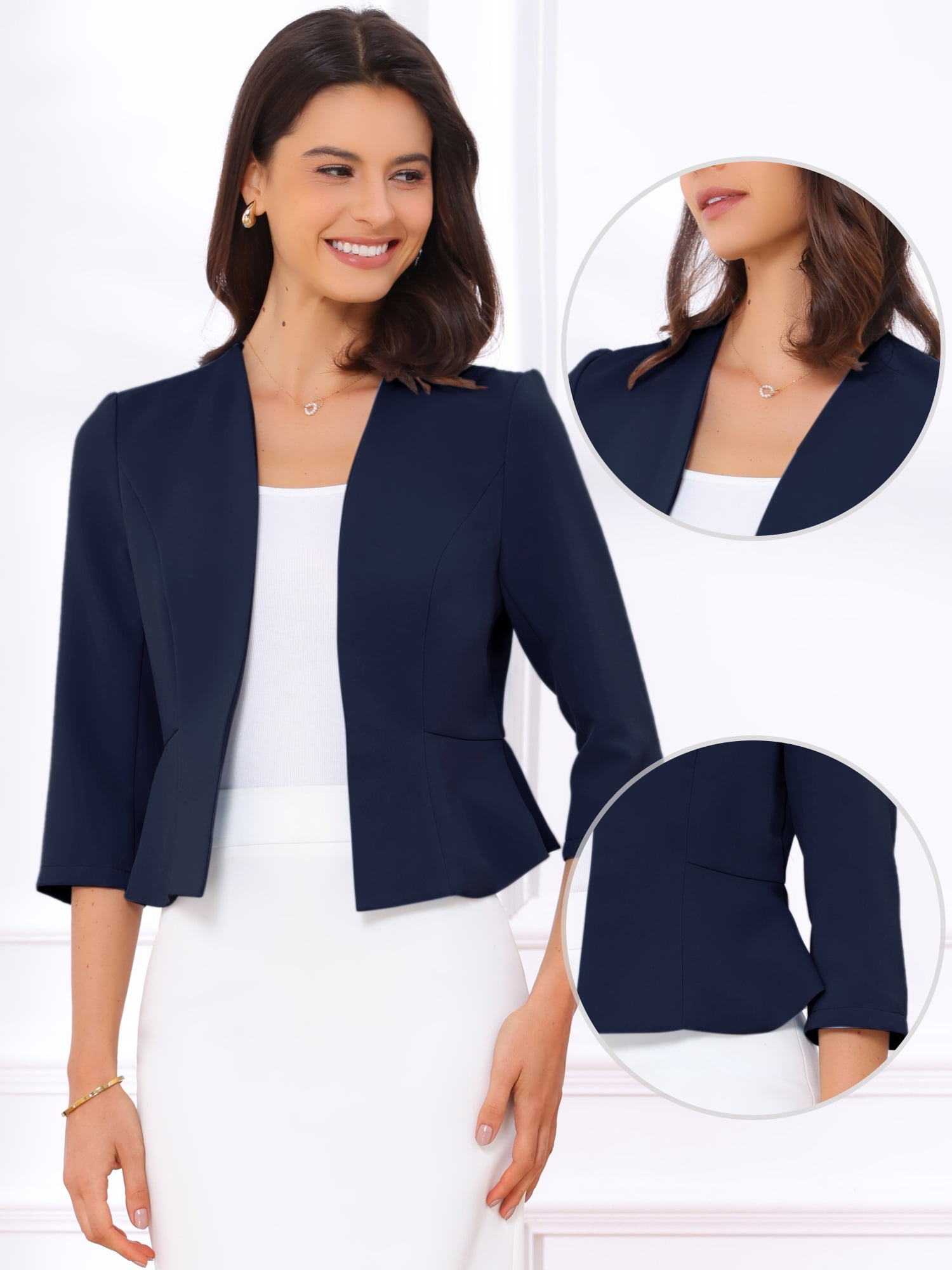DARING DIVA Women's Open Front 3/4 Sleeve Peplum Business Blazer S Dark Blue