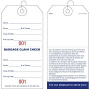 Baggage Claim Check Tags-In English with Red Numbering from 0001 to 1000. Knotted strings attached to each tag. Tag Size: 5 1/4" (Height) x 2 5/8" (Width). 1000 Tags.