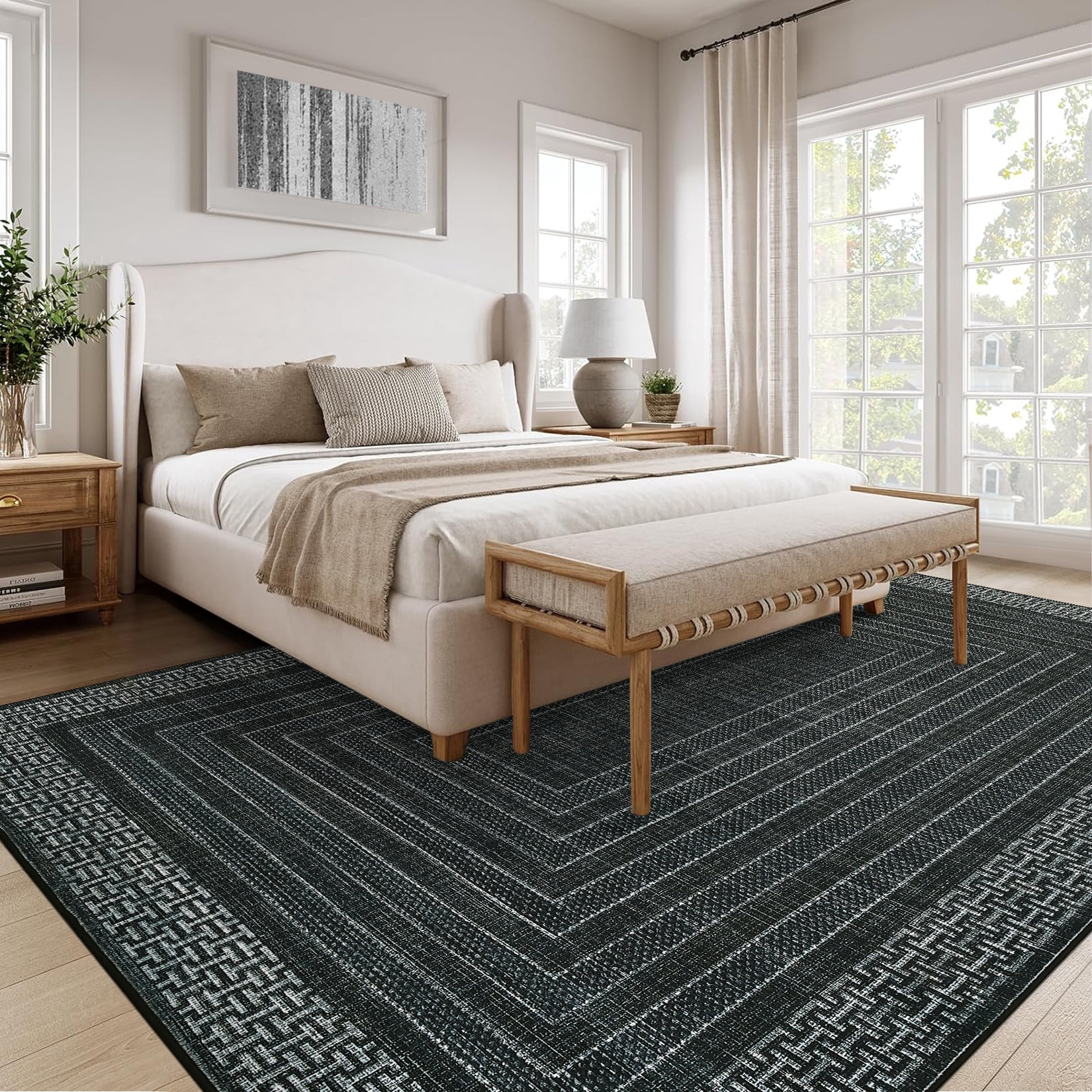 Garvee 8'x10' Geometric Bordered Area Rug Contemporary Indoor Carpet, Washable Rug Non Slip Low Pile Rug for Living Room Bedroom Dining Room, Black