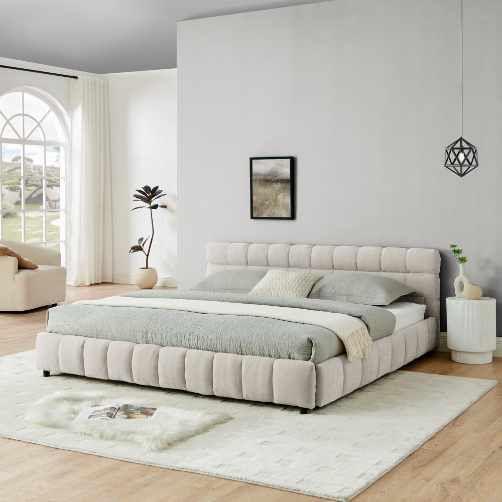 Hassch Platform Bed, King Size Modern Chenille Fabric Upholstered Grounded Bed Frame with Four Storage Drawers, Pink
