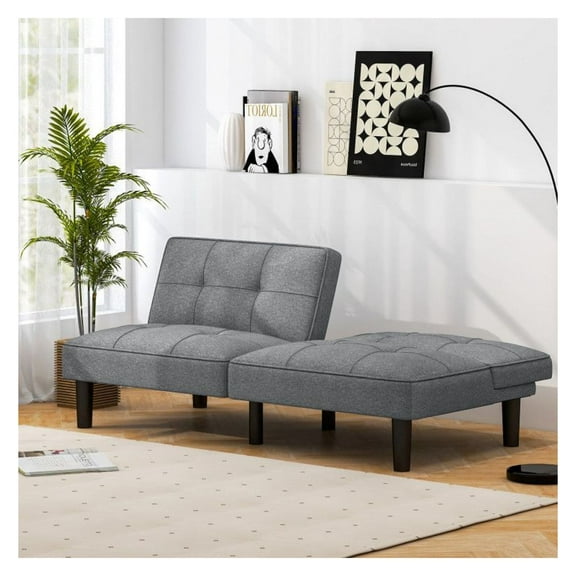 Futon Sofa Bed Convertible, 6-Position Adjustable Linen Couch, Modern Sleeper Daybed with Solid Wood Frame, 550lbs Capacity, Gray for Living Room, Bedroom