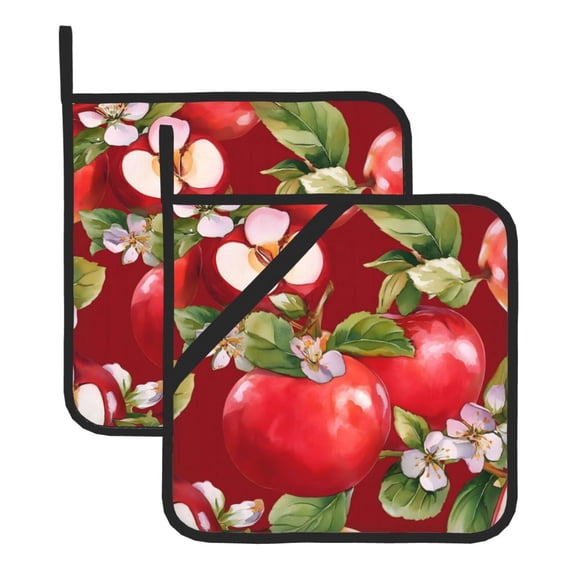 2 Pack Kitchen Pot Holders Heat Resistant Oven Hot Pads With Hand Pockets And Hanging Loops For Baking Cooking 8x8in Red Apple