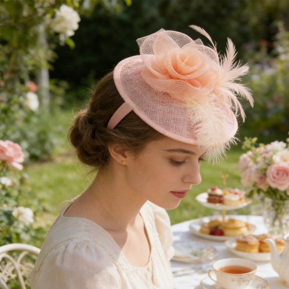 Qiopertar Vintage Fascinator Hat, Flower Mesh Ribbons Feathers Headband Clip, Tea Party Bridal Cocktail Headwear for Women Girls, Rose Gold