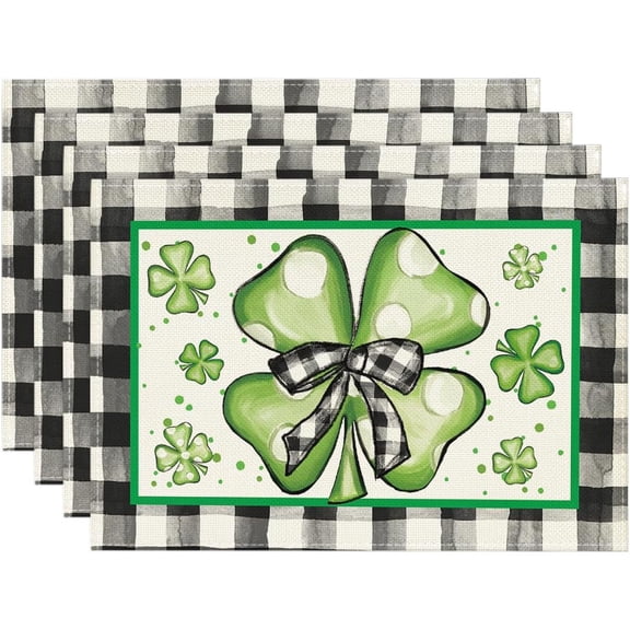 Shamrocks St.Patrick's Day Placemats Set of 4, 12x18 Inch Holiday Buffalo Plaid Dots Table Mats for Party Kitchen Dining Decoration