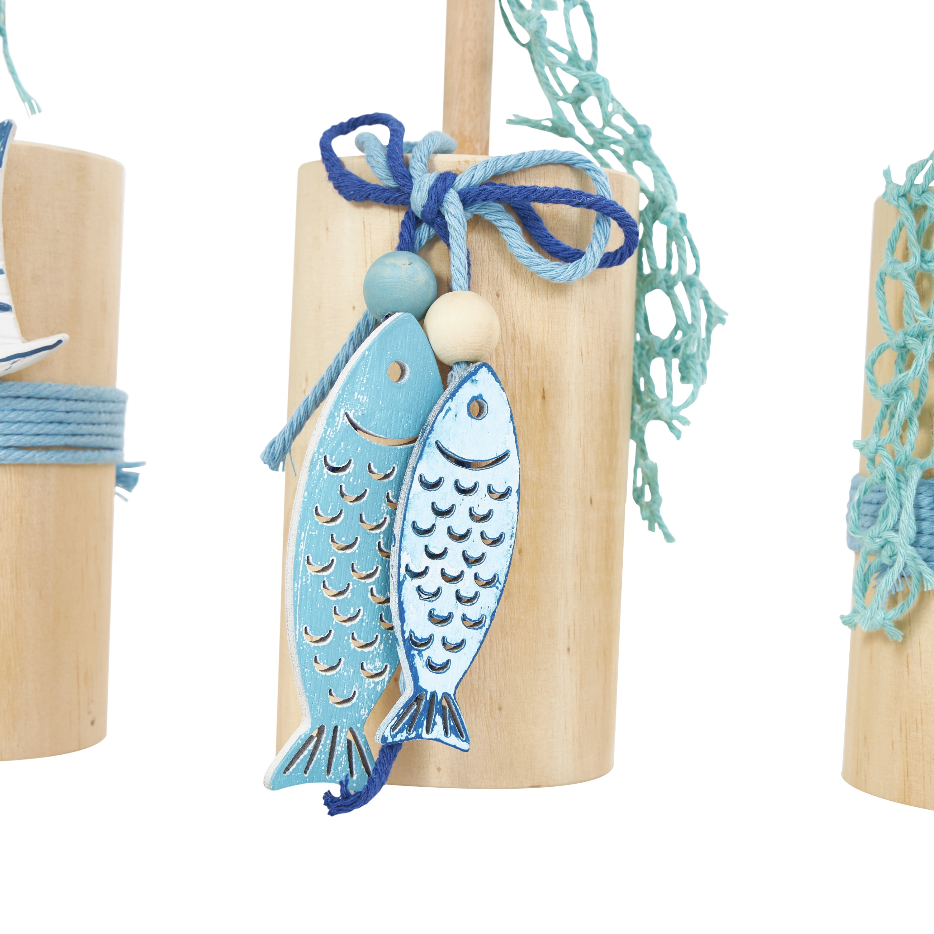 4"W, 12"H Blue Ceramic Handmade Ombre Sea Life Sculpture with Cylinder Block Bases and Netting Accents, by DecMode (3 Count)