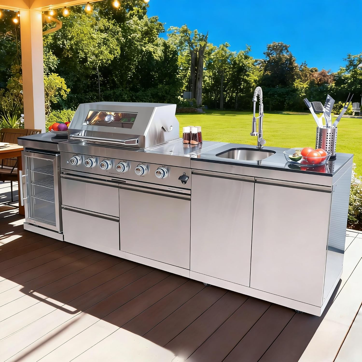 98" Deluxe Outdoor Kitchen Island - 4-Burner Propane Gas Grill, 72000 BTU, 304 Stainless Steel BBQ with Refrigerator, Rotisserie, Granite Countertops, Storage Cabinets for Backyard BBQ, Silver