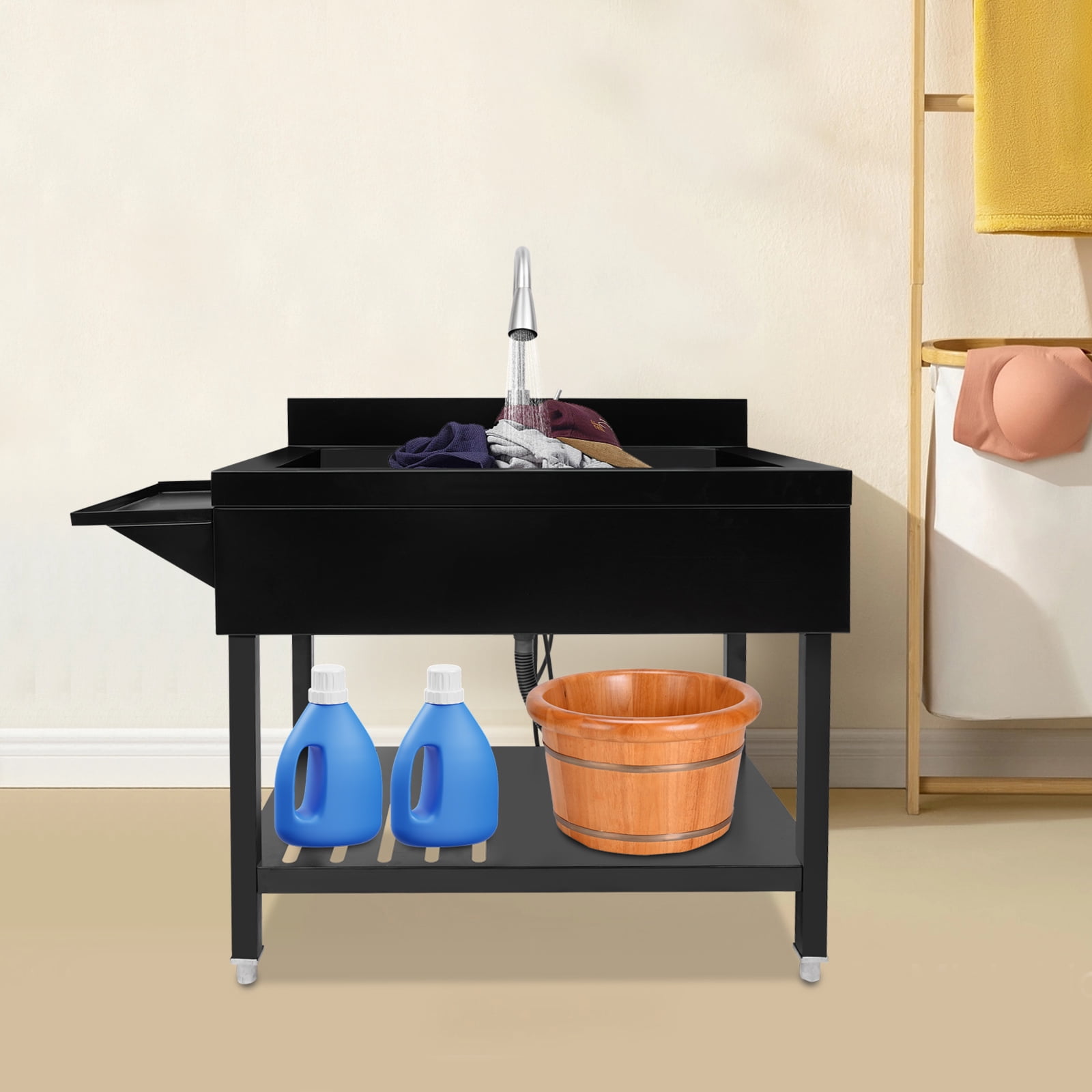 Freestanding Single Bowl Kitchen Sink, Black Stainless Steel Sink, Utility Sink with Faucet and Storage Shelf, for Kitchen Restaurant Garage