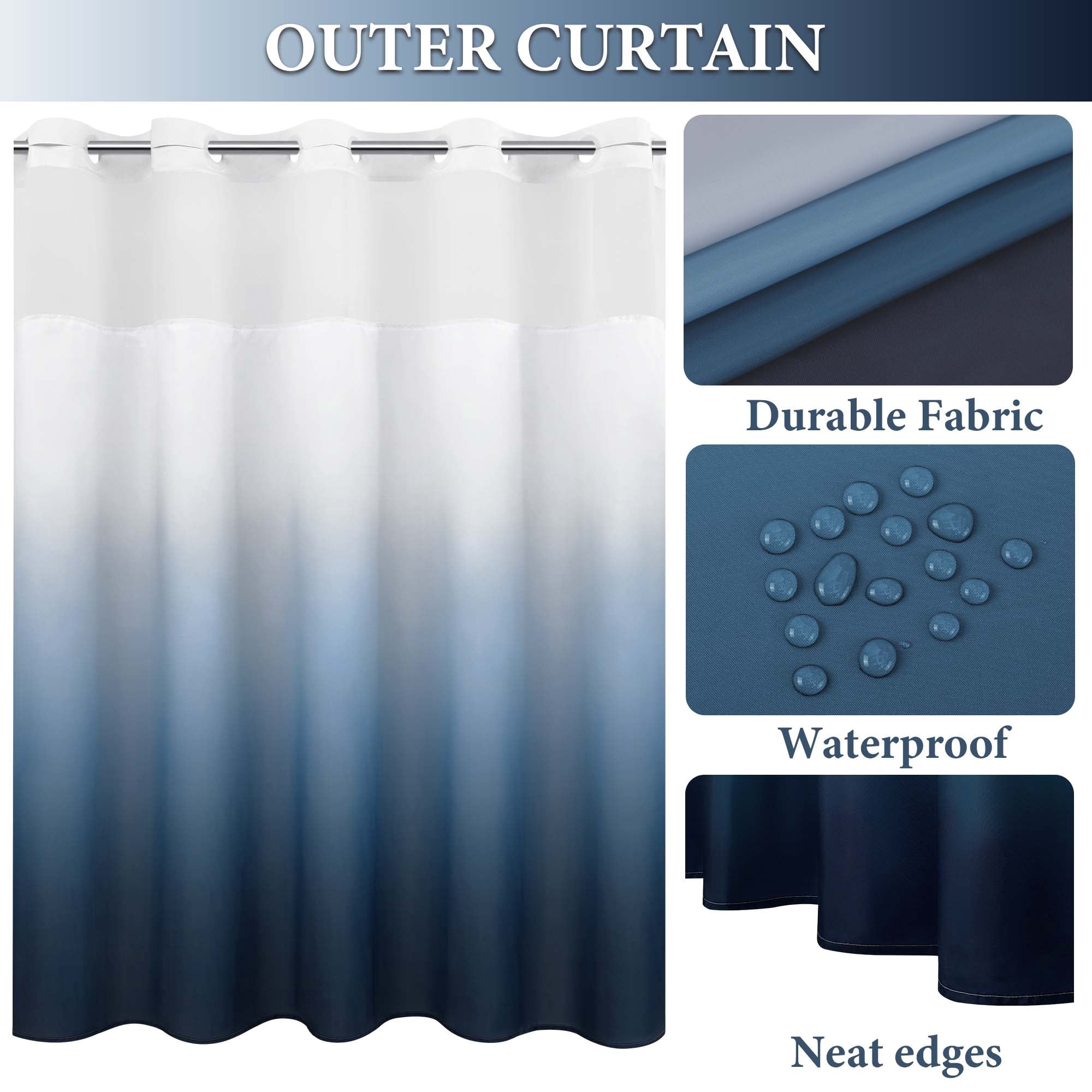 Ikfashoni Hookless Ombre Shower Curtain with Snap in Liner, Navy Gradient No Hook Waterproof Bath Curtain, 71"X74"