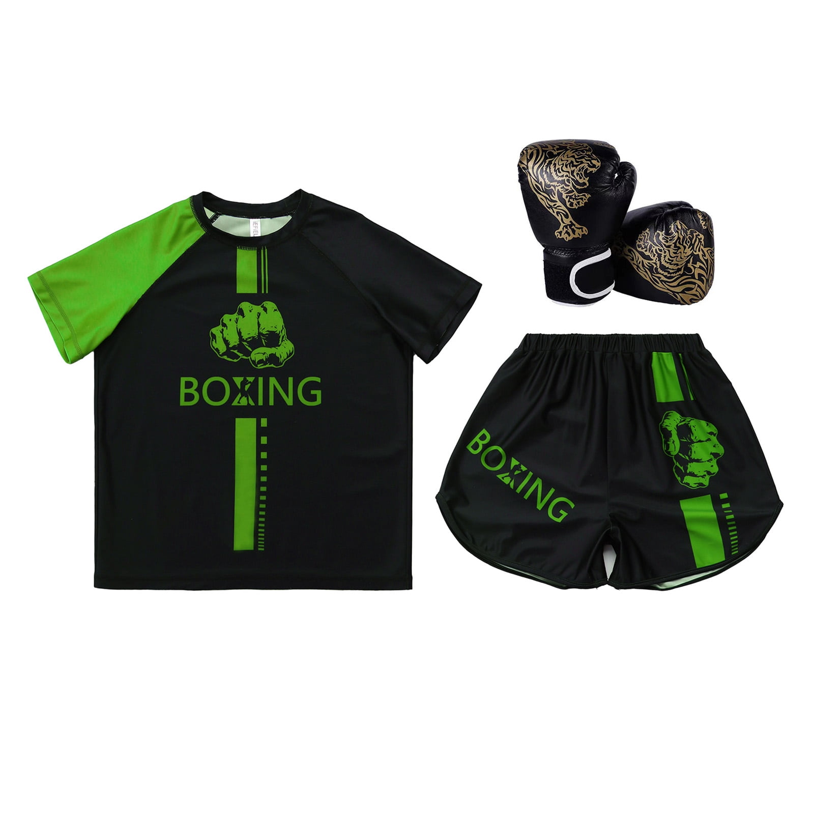 Hansber Kids Boxing Outfit Kick Boxing Uniform Athletic T-Shirt Top with Muay Thai Shorts Trunks Boxing Gloves Set Green&Black 10