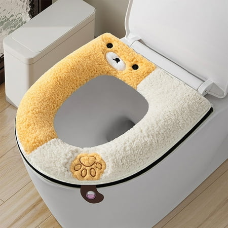 Dtchengua Winter Warm Toilet Seat Cover with Handle – Plush Color-Block Bear Design Waterproof & Non-Slip for Cozy Comfort Easy On/Off Universal Fit(Yellow)