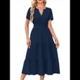 thumbnail image 1 of Vestido Midi Bohemio de Playa para Mujer, Informal, Ligero, de Verano, con Mangas , Escote en V y Cintura Elástica, con Bolsillos. Azul Marino S, 1 of 8