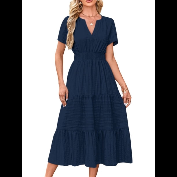 Vestido Midi Bohemio de Playa para Mujer, Informal, Ligero, de Verano, con Mangas , Escote en V y Cintura Elástica, con Bolsillos. Azul Marino L