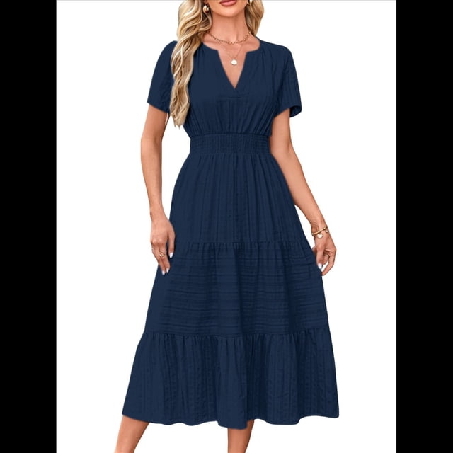 Vestido Midi Bohemio de Playa para Mujer, Informal, Ligero, de Verano, con Mangas , Escote en V y Cintura Elástica, con Bolsillos. Azul Marino S