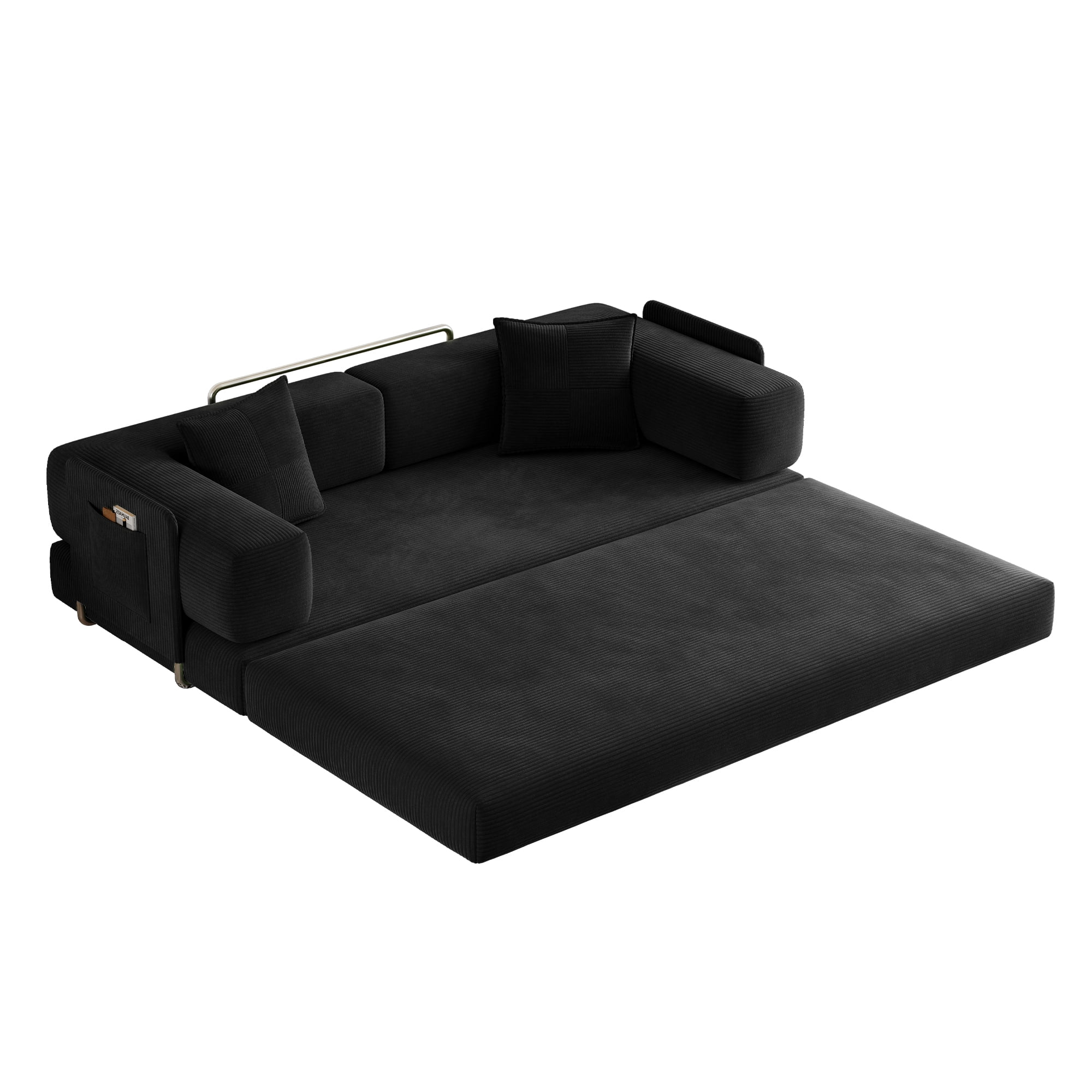 Leumius 79 Inch Convertible Sofa Bed,5-in-1 Corduroy Floor Sofa with High-Density Foam,Metal Back and Arm Supports, Washable Cover and Side Pockets,Black