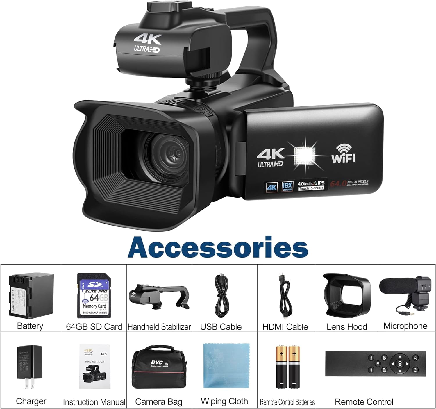 4k Video Camera Camcorder with 18X Digital Zoom,64MP Vlogging Camera for YouTube,4.0-inch Rotating Touchscreen,64GB SD Card,Microphone,Remote Control,Durable Battery(Black)