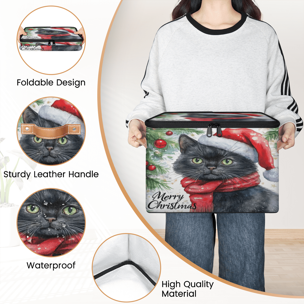 ADECORIVY Black Cat Christmas Storage Bin with Zipper Lid, Fabric Foldable Shelf Baskets Boxes, Closet Lidded Storage Bins, Decorative Clothes Organizer for Bedroom Home