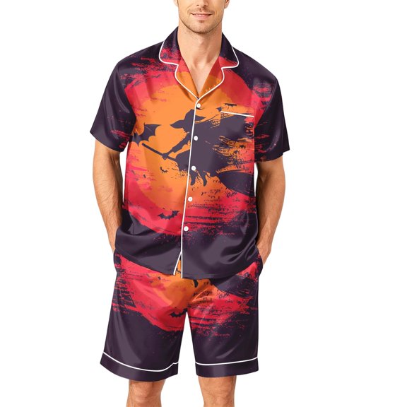 Men's Halloween Themed Two Piece Pajama Set Ghost Printed Casual Short Sleeve Button Up Collared Tshirts and Shorts Fashion Comfortable Clothes Red XL