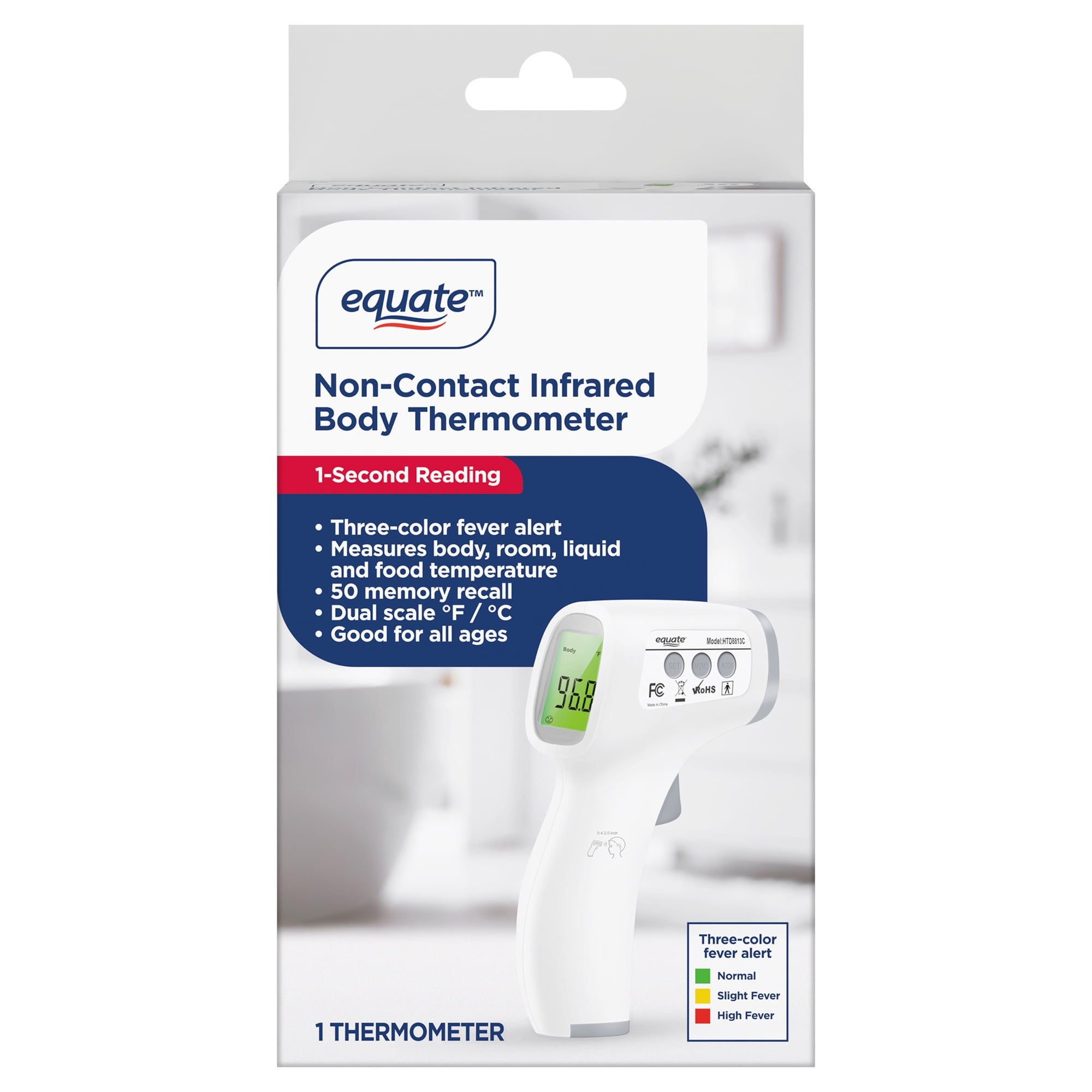 Equate Infrared No Touch Forehead Body Thermometer,1-second, 3-color backlight,All ages.