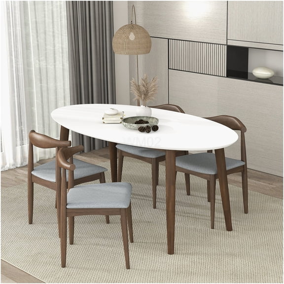 Mid Century Modern Oval Dining Table Set with 4 Chairs, White Wood Kitchen Table for Small Spaces