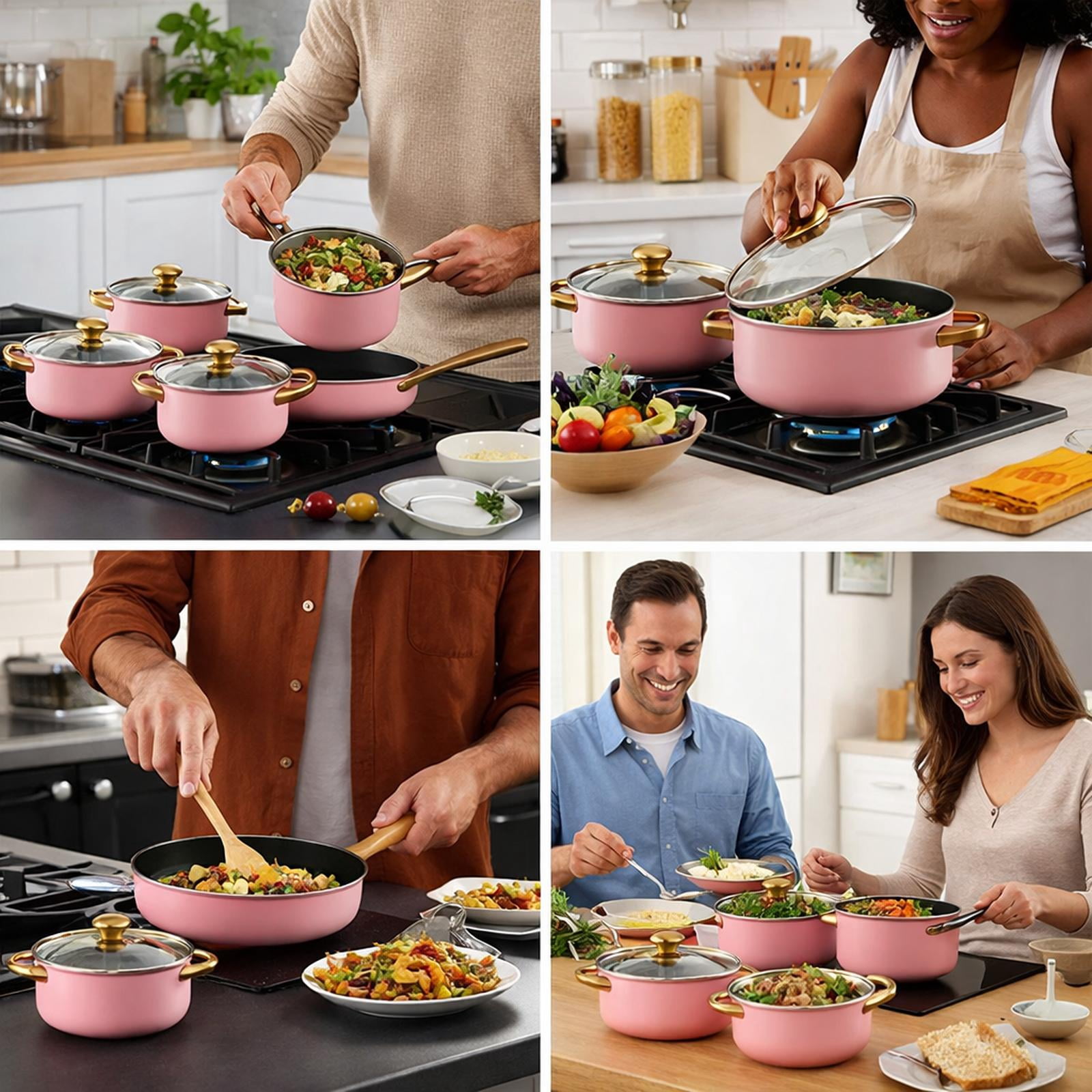 Nishiyuenyi 6 Pieces Stainless Steel Cookware Set Nonstick Pots and Pans Set for Kitchen Pink