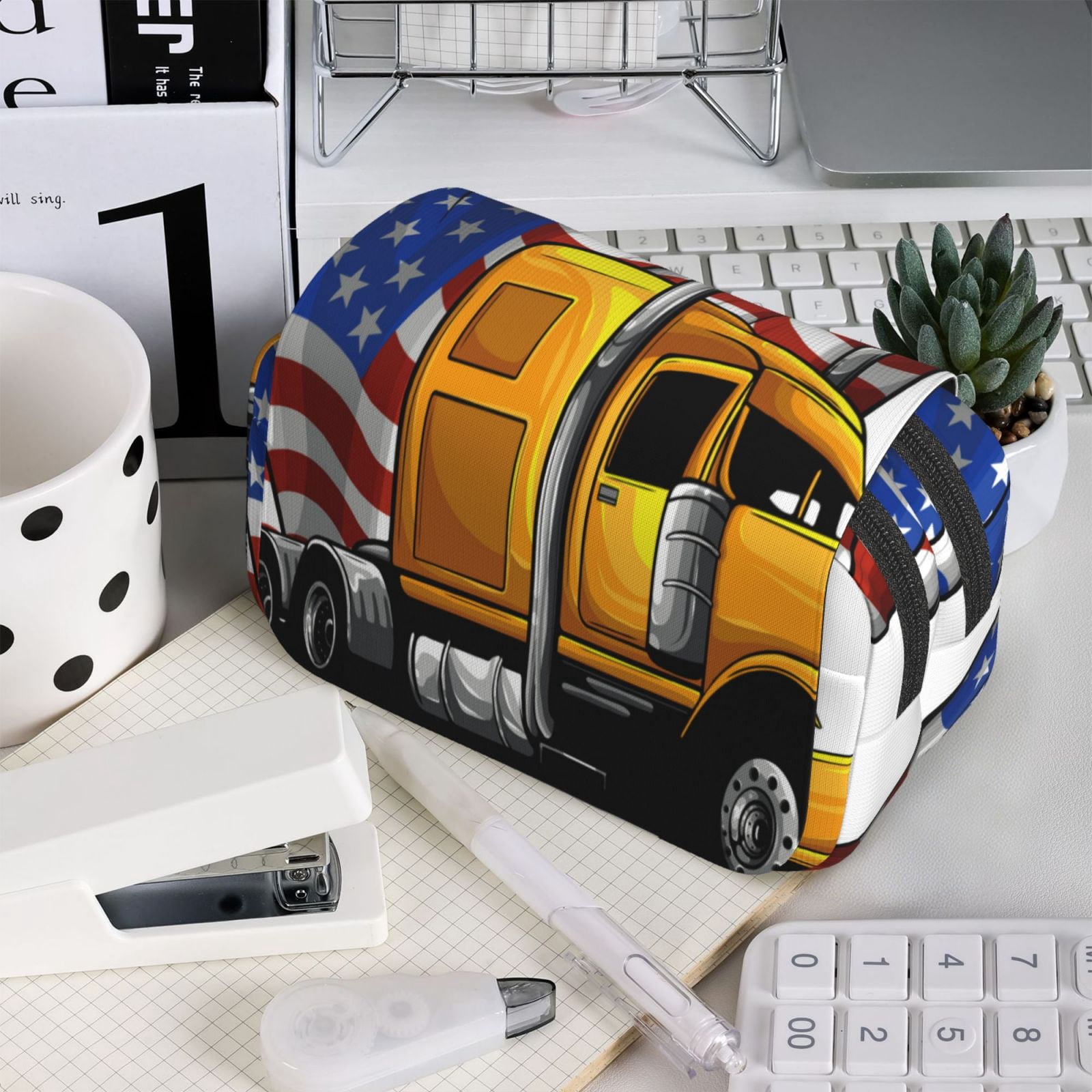 Rateoe American Truck Pattern Double Clamshell Pen Case, Storage Organizer with Two Zipper Compartments– Holds Up to 50 Pencils & Pens