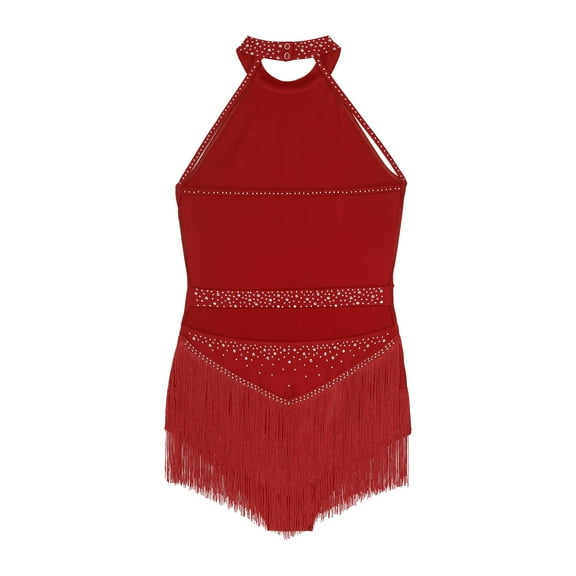 Miutii Womens Tassel Leotard Halter Neck Sleeveless Fringe Bodysuit Rhinestone Latin Jazz Costume Burgundy XL