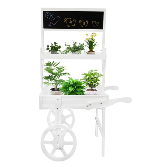 2-Tier Plant Display Stand with Chalkboard and Wheels, 49inch Tall Flower Cart Display Stand for Display Various Flowers, Potted Plants, Made of Fir Wood, White