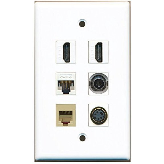 RiteAV - 2 HDMI 1 Port Phone RJ11 RJ12 Beige 1 Port S-Video 1 Port 3.5mm 1 Port Cat5e Ethernet White Wall Plate