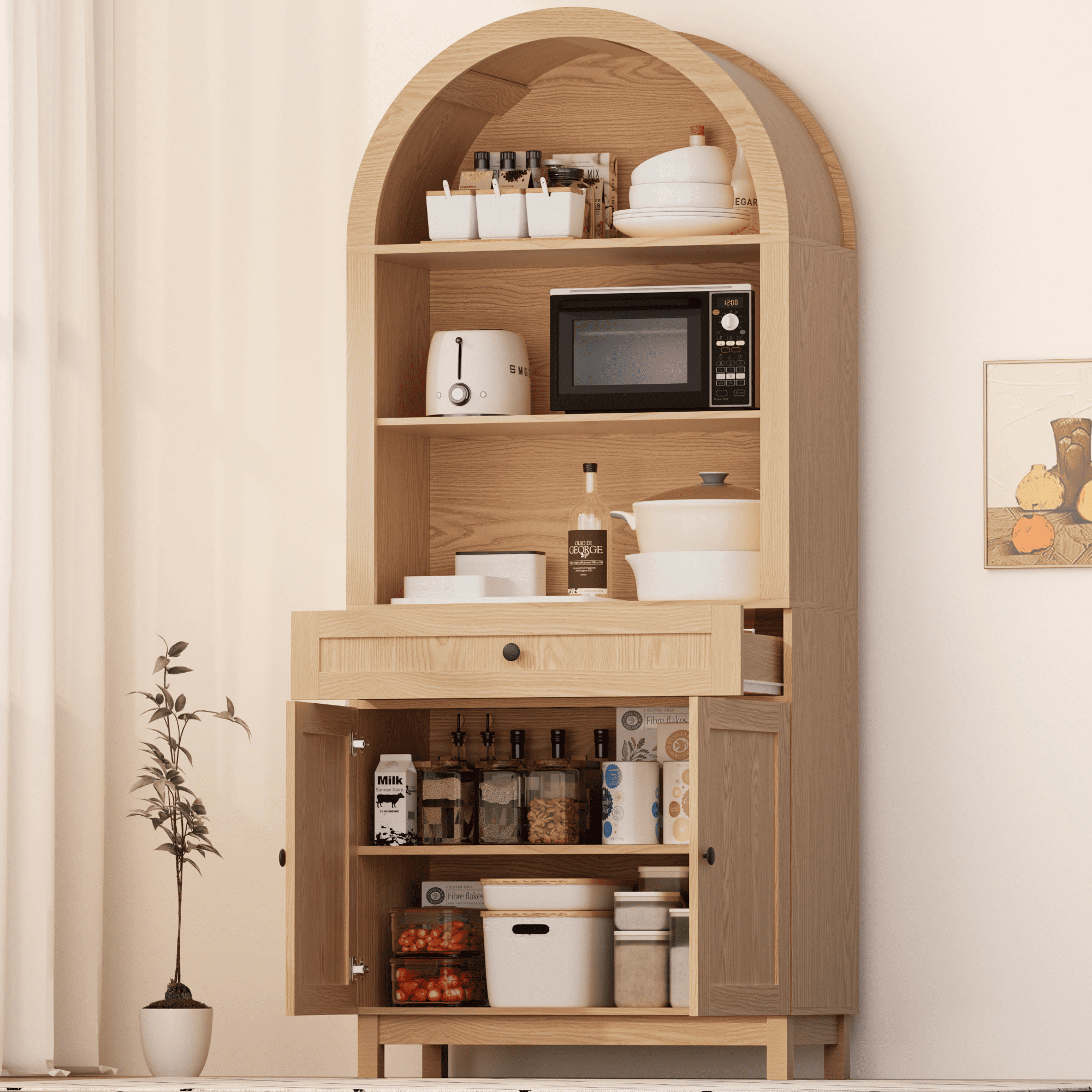 HARIPUL Arched Pantry Cabinet, 71" Kitchen Pantry Cabinet with Smooth Gliding Drawers and Adjustable Shelf, Wood Storage Cabinets Anti-Tipping, Modern Farmhouse for Living Room, Dining Room