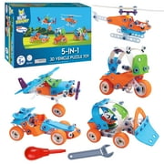 Play Brainy Building Toy Set for Kids, 132pc 3D Puzzle, Mechanical Vehicle Set - Includes Helicopter, Plane, Tractor, Car, and Motorcycle, A 5-in-1 Stem Erector Set for Boys and Girls Ages 5-12