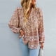thumbnail image 4 of Camisas bohemias informales para mujer, estampado floral, con botones, cuello en V, manga larga, con cordón, blusas sueltas y fluidas, color caqui XL, 4 of 6