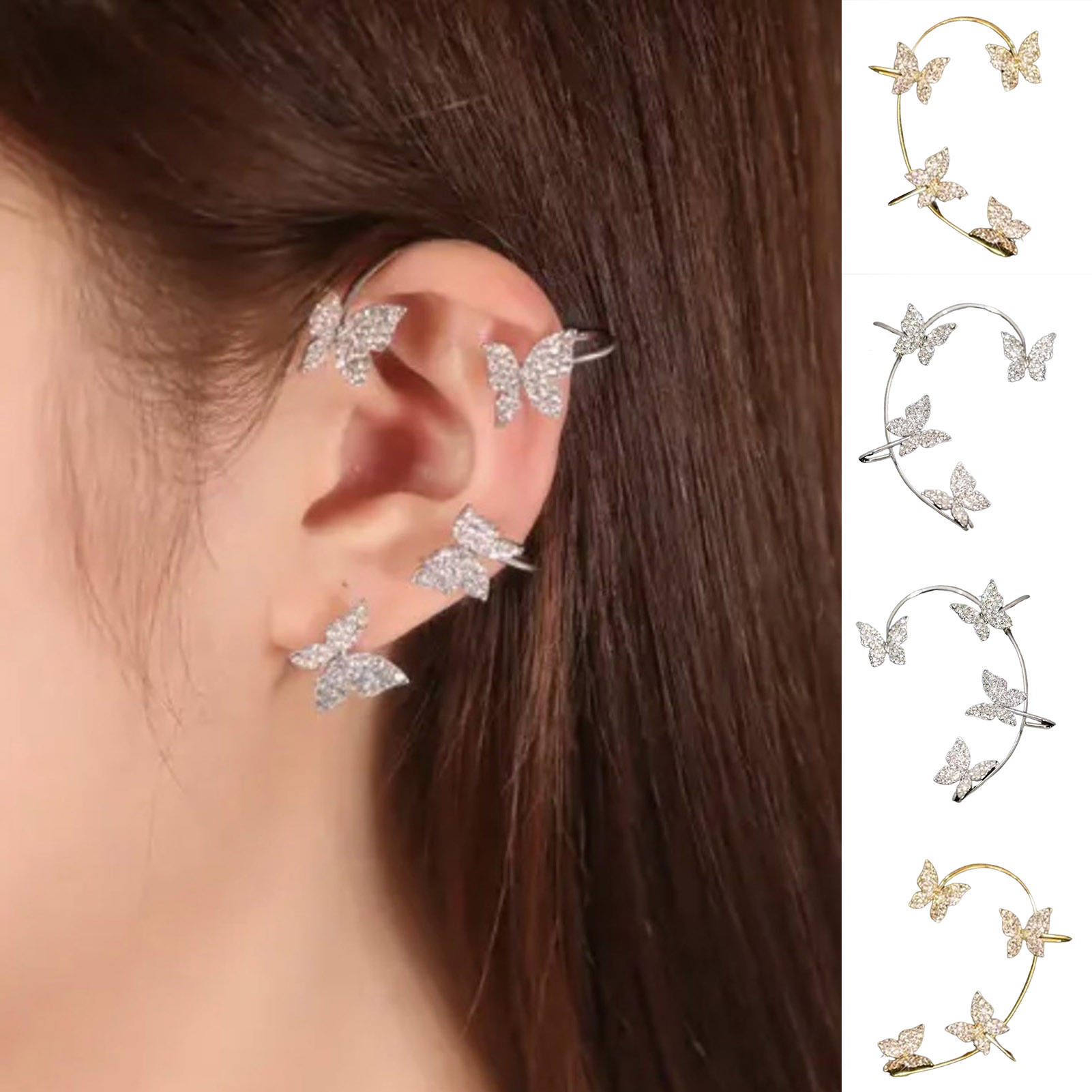 SmartBy 1Pc Clip Earring Butterfly Rhinestone Jewelry Temperament Delicate Ear Cuff for Wedding