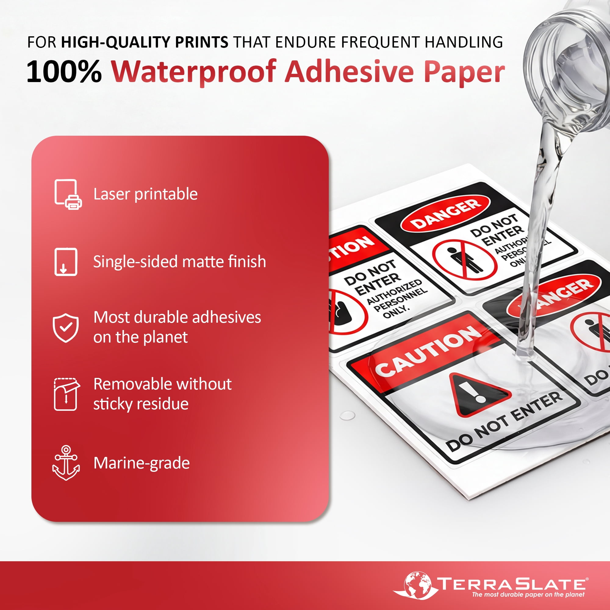 TerraSlate Waterproof Sticker Paper | 5 Mil Permanent Adhesive Labels | Printable Sticker Paper Laser Printer (Letter - 8.5" x 11", 25 Sheets)