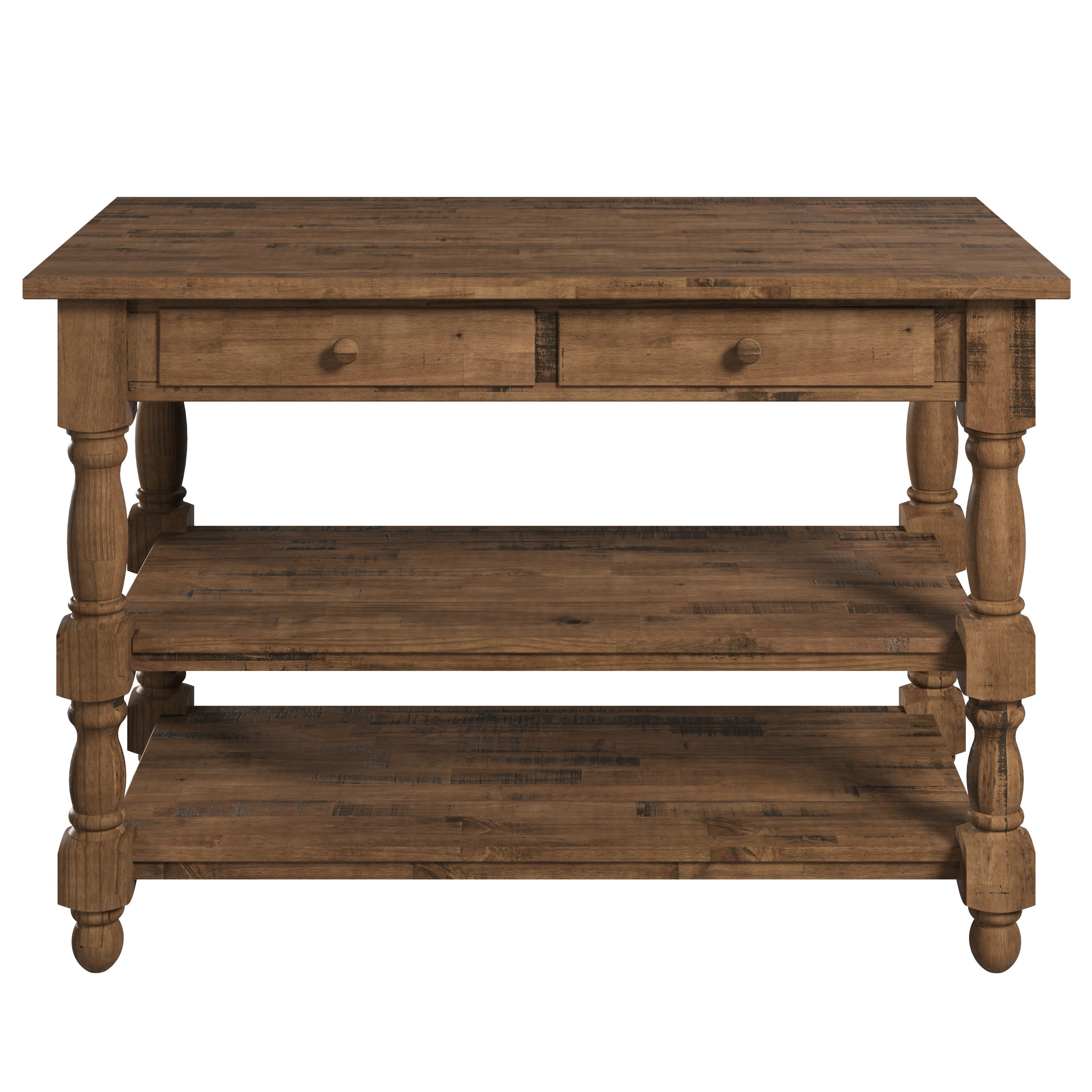 OSHOME 52" Farmhouse Kitchen Island with Drawers and Shelves – Solid Wood Kitchen Prep Table, Harvest Brown with Distressed Brown Top
