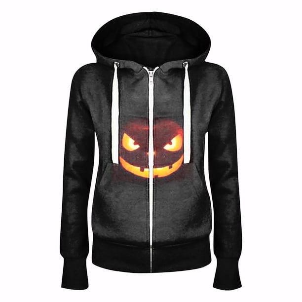 Top de chaqueta informal de manga larga con capucha y cremallera de felpa con estampado de Halloween para mujer Fridja BV0+91
