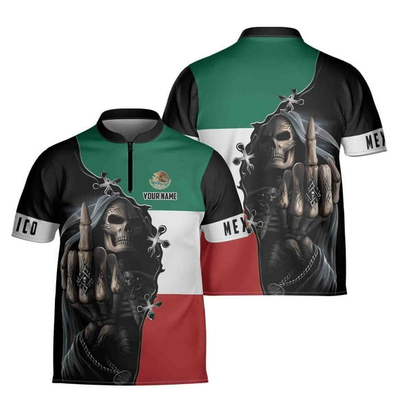 Custom Name Mexico Skull Reaper Mexico Flag Zipper Polo S-5XL
