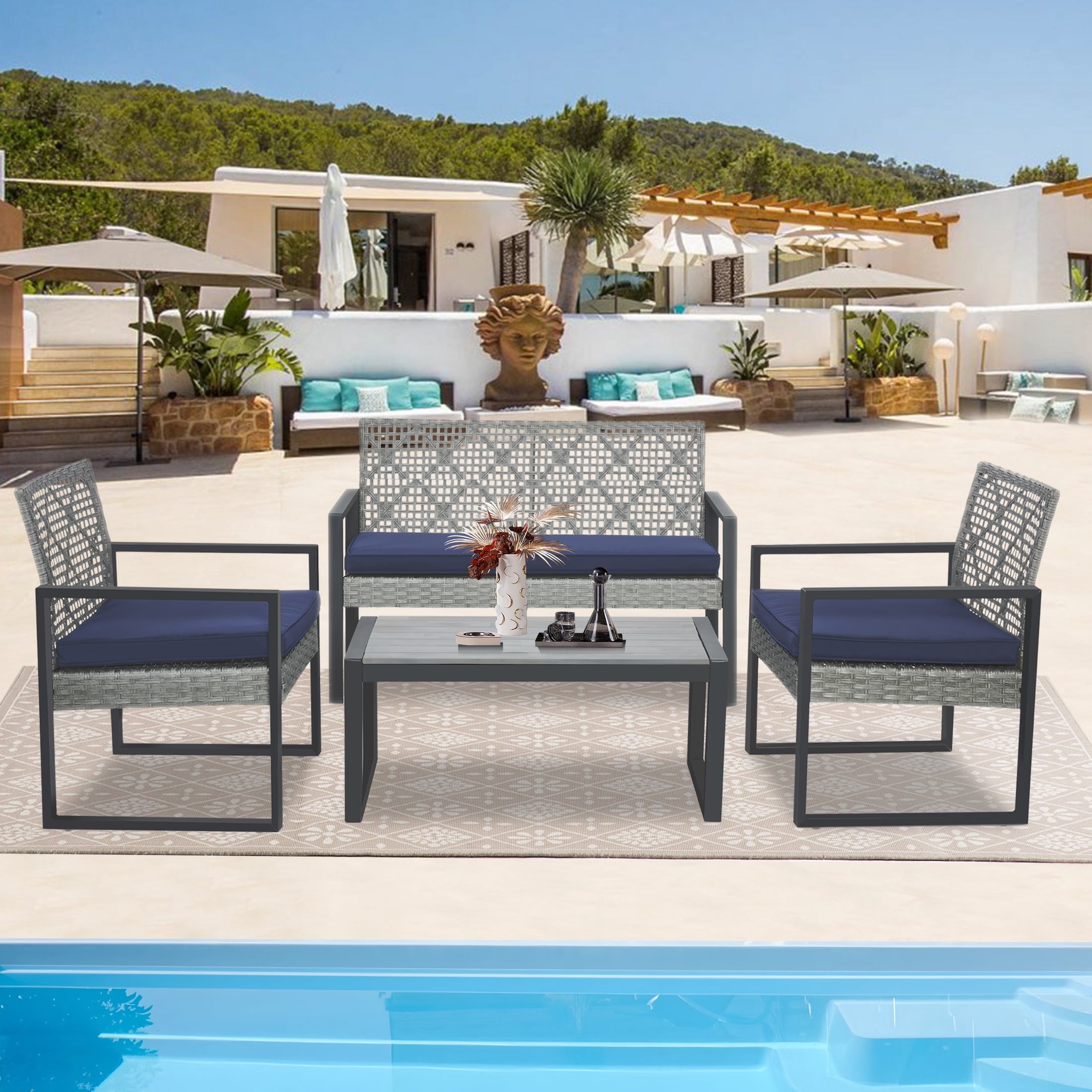 Clearance! Patio Conversation Set for 4, All-weather Outdoor Rattan Furniture Set, Wicker Sectional Patio Table and Chairs Set for Porch Backyard Balcony, Navy Cushions