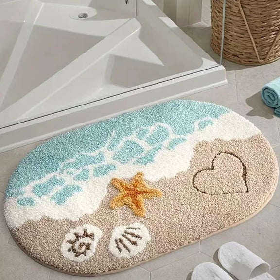 Beach Bathroom Rug Soft Absorbent Ocean Wave Bath Mat with Non-Slip Backing Coastal Decor for Bathroom Kitchen Entryway Blue Sea Design Starfish Shells Pattern Nautical Shower Rug