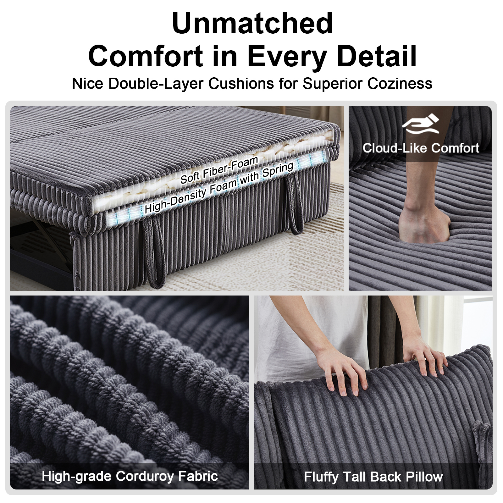 Dreamzie 3 in 1 Convertible Sofa Bed, 65” Sleeper Sofa with Pull Out Couch Bed, Corduroy Loveseat with 360° Swivel Side Table | USB Port | Adjustable Backrest for Living Room, Apartment (Deep Grey)