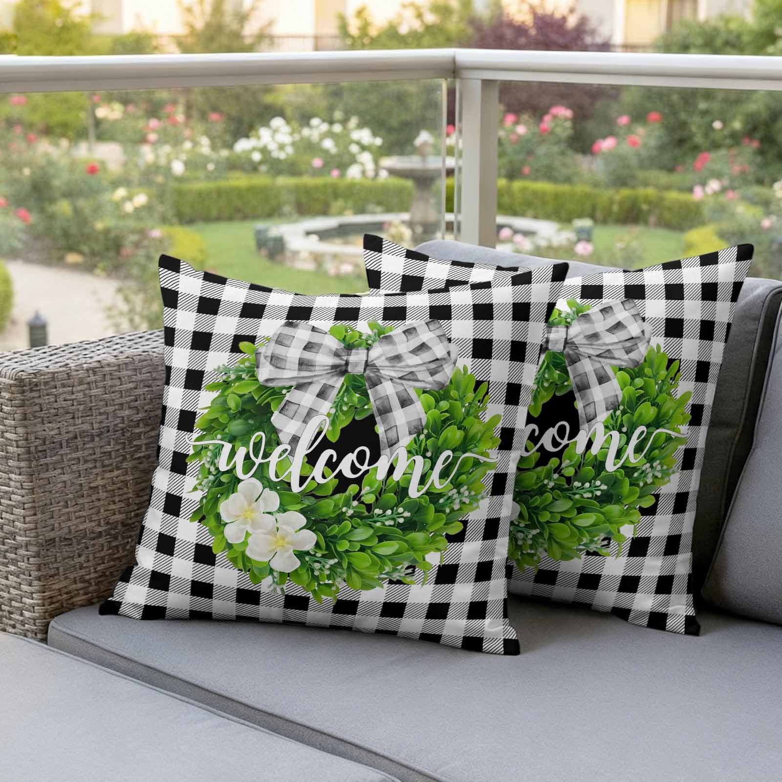 Welcome Pillow Covers 2 Pack Spring Country Farm Green Boxwood Flowers Wreath Black White Plaid Pillowcase Waterproof Outdoor Throw Pillow Cover for Patio Garden Square Cushion 16”x16”