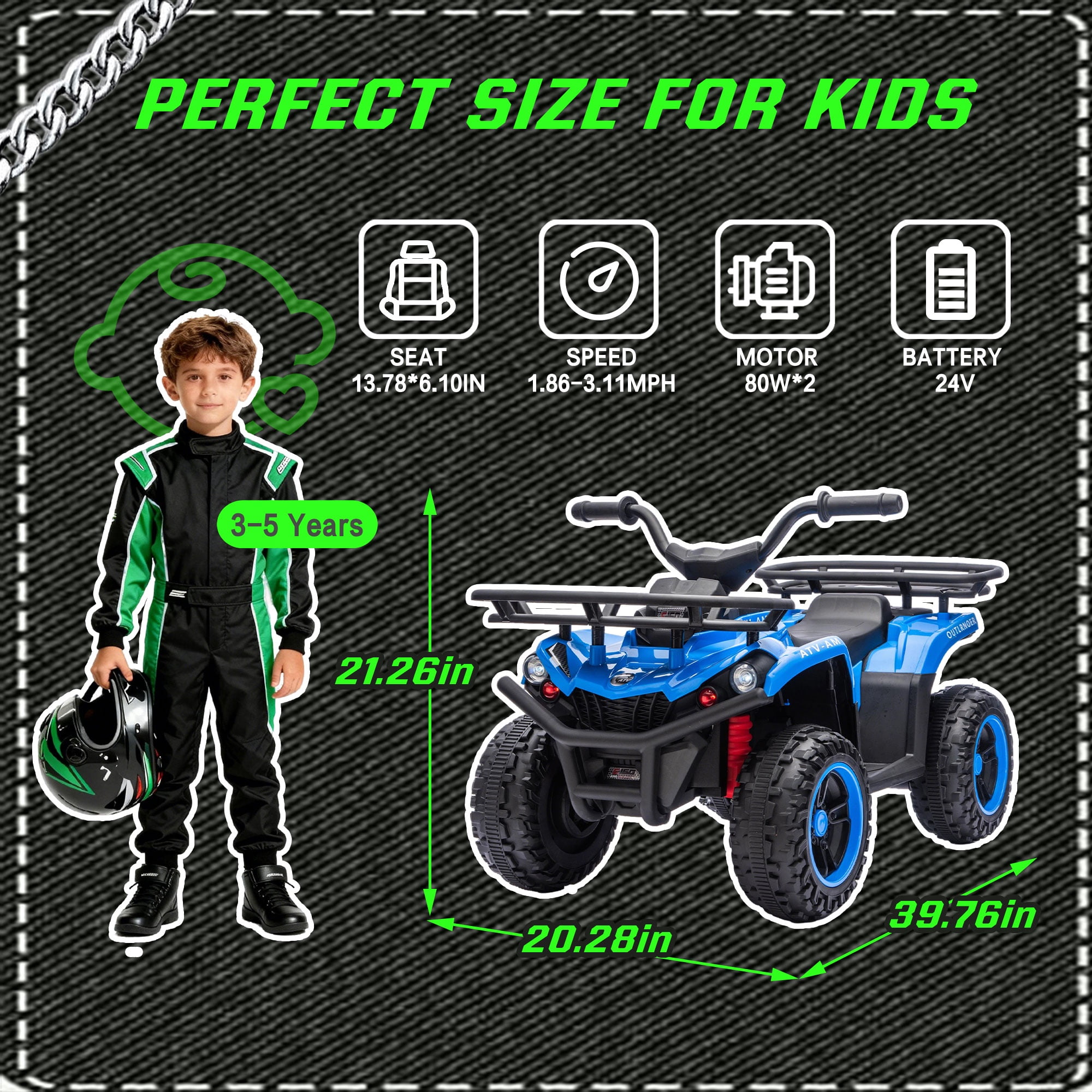 iYofe 24V Big Kids Ride on ATV Quad, Electric 4 Wheeler for Kids 3-6 with Battery Display, Anti-Slip Tires, LED Headlights, Bluetooth, MP3, Storage Racks, Gifts for Birthday & Christmas, Blue