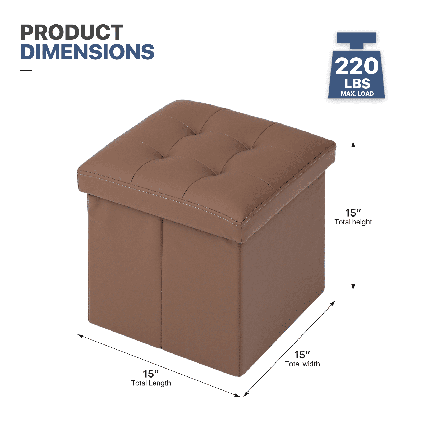 MoNiBloom 15" Cube Collapsible Ottoman with Storage, PU Leather Storage Ottoman Footrest, for Living Room Bedroom Entryway, Brown