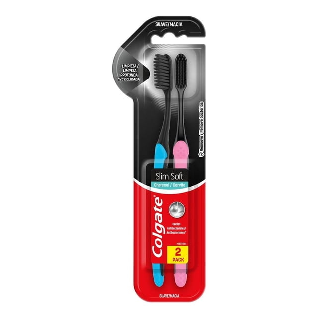 Cepillo Dental Colgate Slim Soft Black con Limpiador de Lengua y Estrella Pulidora 2 Piezas