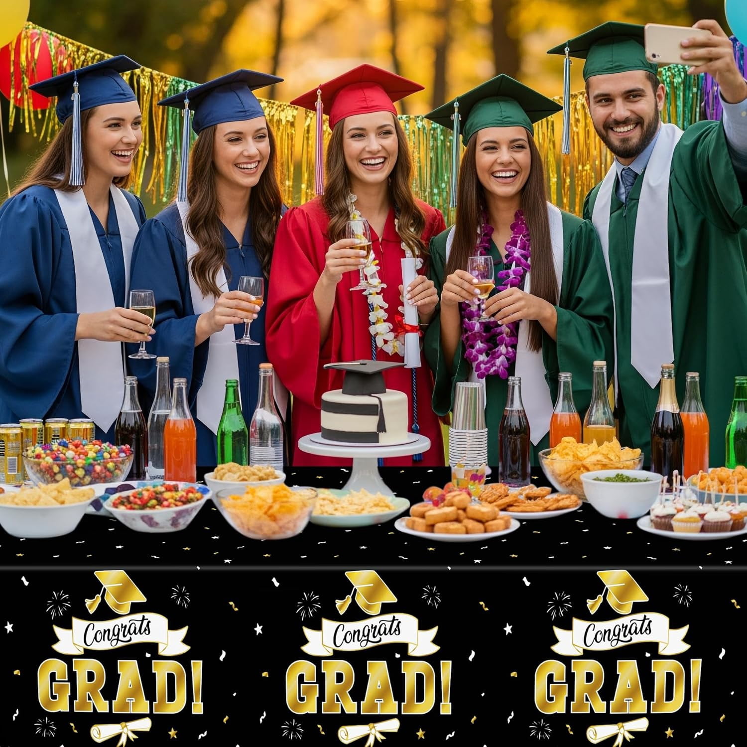 2Pack Graduation Decorations 2026, 108" X 54" Graduation Tablecloth, Blackgold Rectangle Class of 2026 Table Cloths, Disposable Plastic Congrats Grad Tablecover for Grad Party Favors Supplies