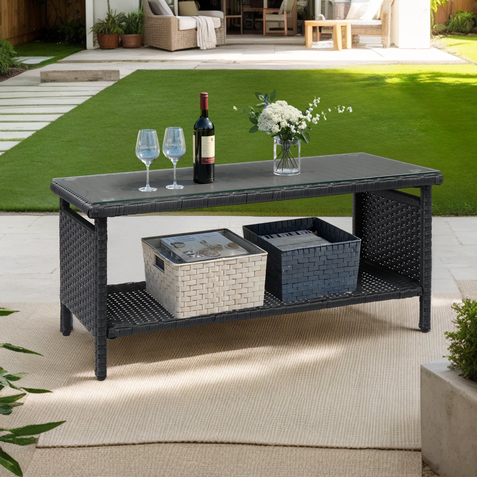 Ktaxon X-Large Outdoor Wicker Coffee Table with Tempered Glass Top and Storage, Black