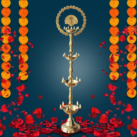 Indian Art Villa 44" Brass Stand Pillar Diya - Kerala Mor Kiran with 4 Deepak Design - Elegant Spiritual Decor