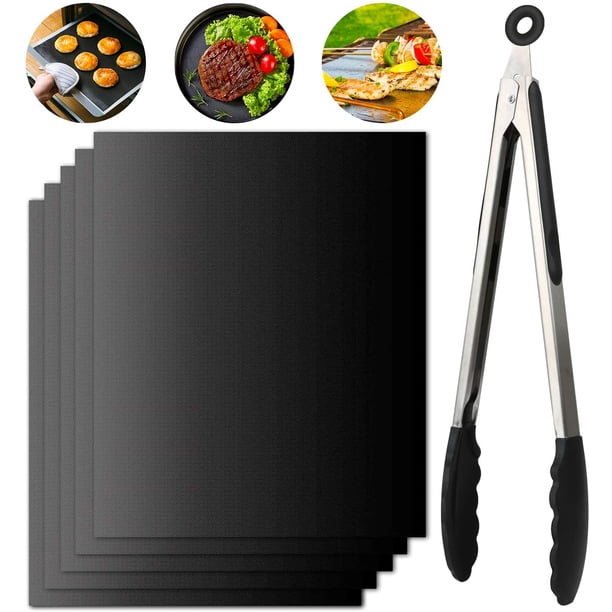 Tapete para barbacoa, tapete de cocina, tapete de cocina, tapete para barbacoa, antiadherente resistente a altas temperaturas, 40 * 50 cm negro (5 piezas) + clip de silicona para alimentos de 12 pulgadas Rojo Verde