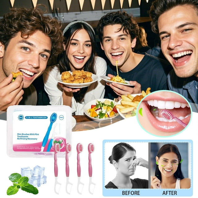 Juego de cepillos de dientes de viaje desechables 5 en 1 con pasta de dientes, hilo dental, palillo, raspador de lengua - Kit de cuidado bucal portátil para viajes y trabajo - No se requiere