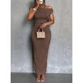 thumbnail image 4 of Women'S Elegant Maxi Dress Short Sleeve Bodycon Cocktail Prom Summer Oblique Off-Shoulder Khaki M, 4 of 5
