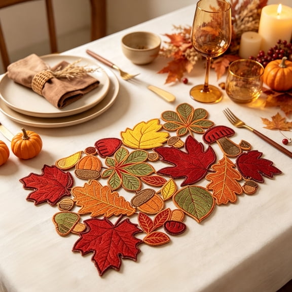 Embroidered Cut Out Maple Leaf Placemats for Halloween and Thanksgiving Table Decor, Insulated Dining Table Mats, Coffee Table Decorative Place Mats